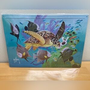 Guy Harvey Hawksbill Turtle & Tropical Fish Metal Sign. 17”x12”. Sea Turtle